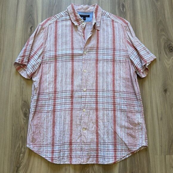 Banana Republic Short Sleeve Button Down Linen Cotton Plaid Orange White Blue L - Picture 1 of 9